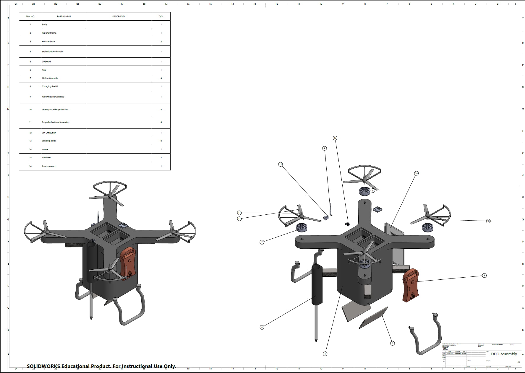Drug delivery drone — exploded assembly drawing