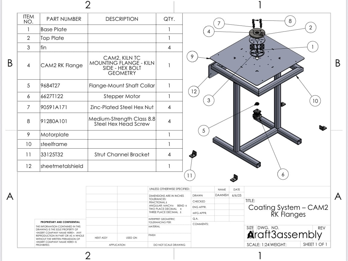Redwood coating fixture — exploded assembly drawing
